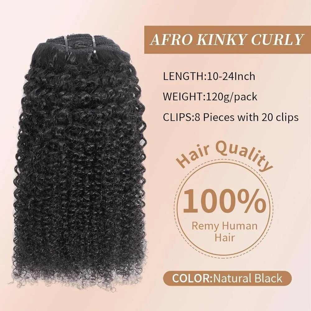 Human Hair Clip Ins Afro Kinky Curly 14 Inch 8pcs Natural Black Perfect for Blac beauty youth Afro Kinky Curly Clip In Hair Jamaica | Ubuy main image 2